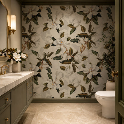 Whispering Magnolia Petals floral wallpaper with white magnolia flowers, green leaves, and light or dark background options for bathroom, bedroom, and feature walls.