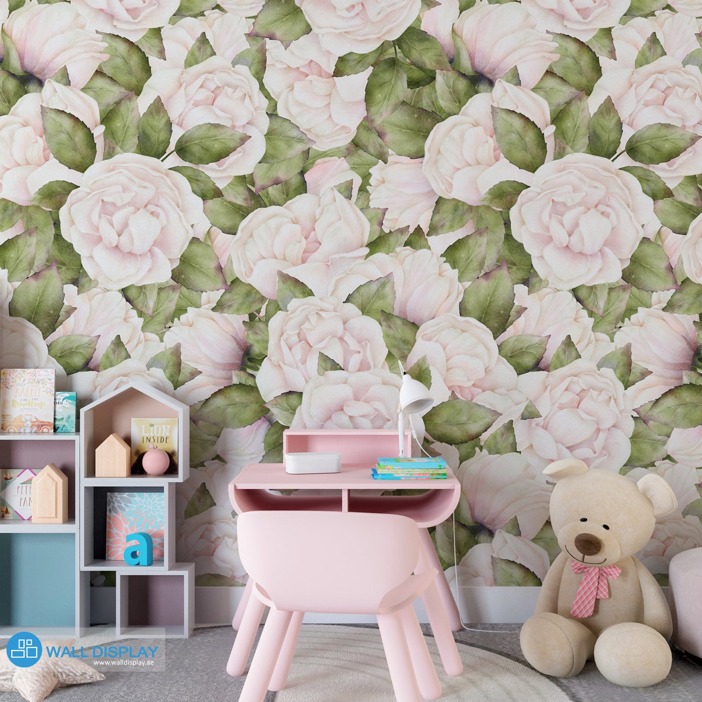 White roses floral wallpaper with soft watercolor roses, blush details, and green leaves for bedroom, nursery, powder room, and elegant feature wall interiors.