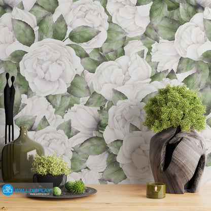 White roses floral wallpaper with soft watercolor roses, blush details, and green leaves for bedroom, nursery, powder room, and elegant feature wall interiors.