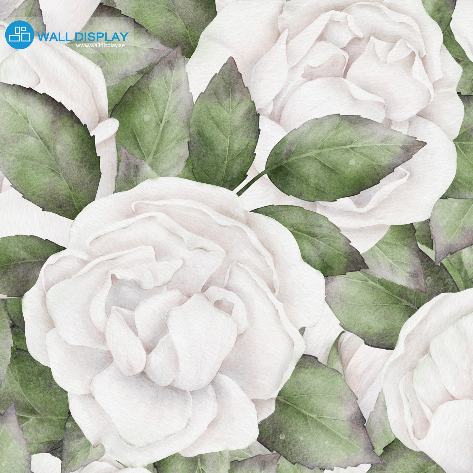 White roses floral wallpaper with soft watercolor roses, blush details, and green leaves for bedroom, nursery, powder room, and elegant feature wall interiors.