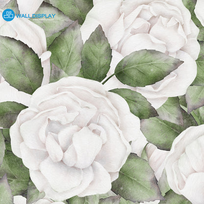 White roses floral wallpaper with soft watercolor roses, blush details, and green leaves for bedroom, nursery, powder room, and elegant feature wall interiors.