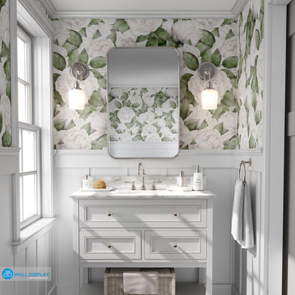 White roses floral wallpaper with soft watercolor roses, blush details, and green leaves for bedroom, nursery, powder room, and elegant feature wall interiors.