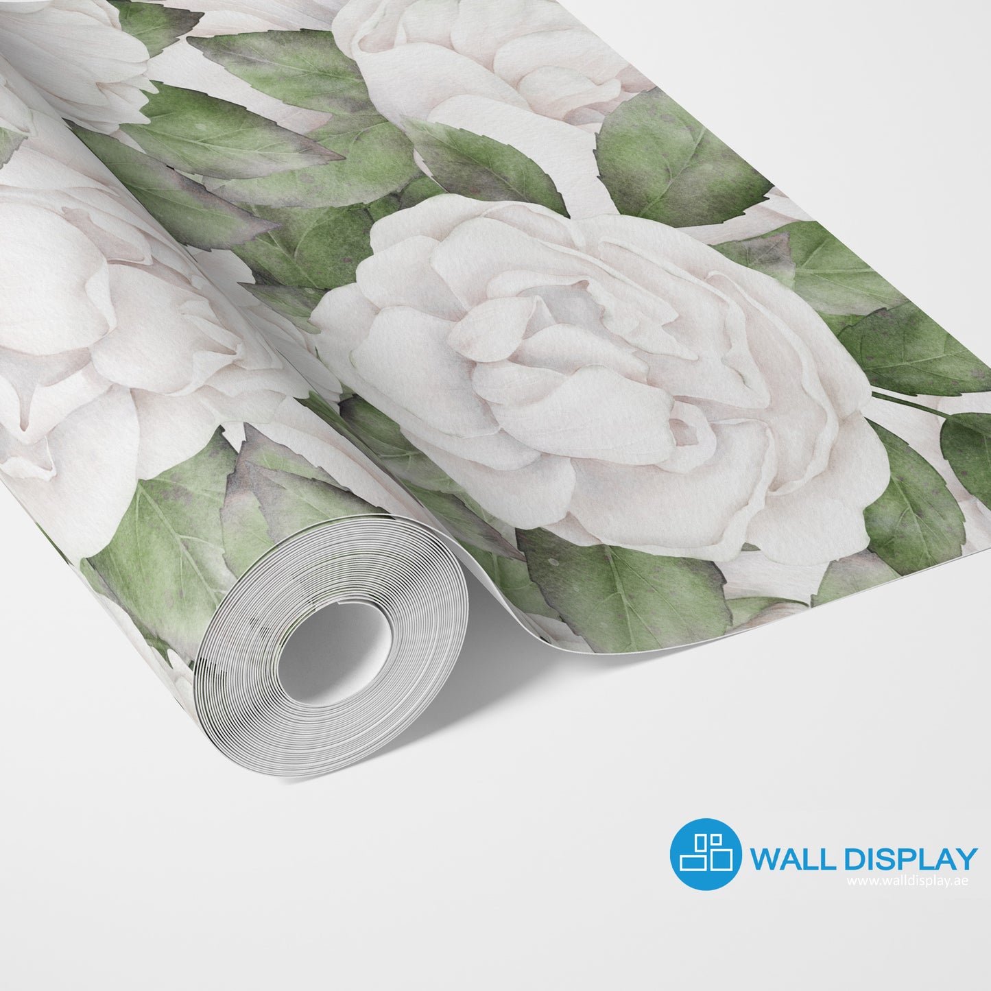 White roses floral wallpaper with soft watercolor roses, blush details, and green leaves for bedroom, nursery, powder room, and elegant feature wall interiors.