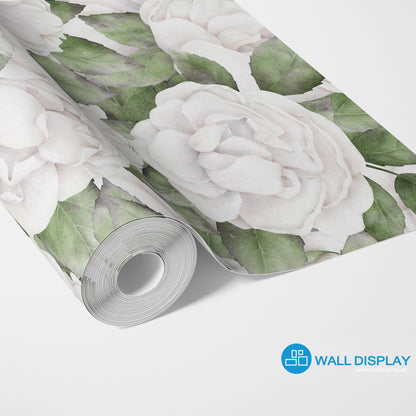 White roses floral wallpaper with soft watercolor roses, blush details, and green leaves for bedroom, nursery, powder room, and elegant feature wall interiors.