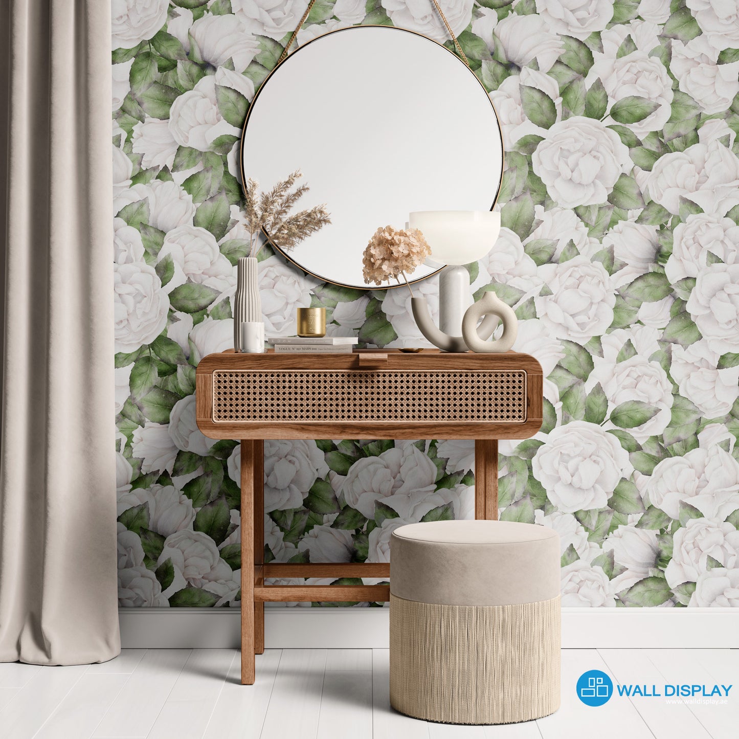 White roses floral wallpaper with soft watercolor roses, blush details, and green leaves for bedroom, nursery, powder room, and elegant feature wall interiors.