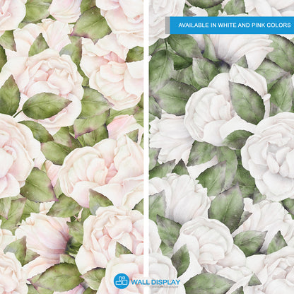 White roses floral wallpaper with soft watercolor roses, blush details, and green leaves for bedroom, nursery, powder room, and elegant feature wall interiors.