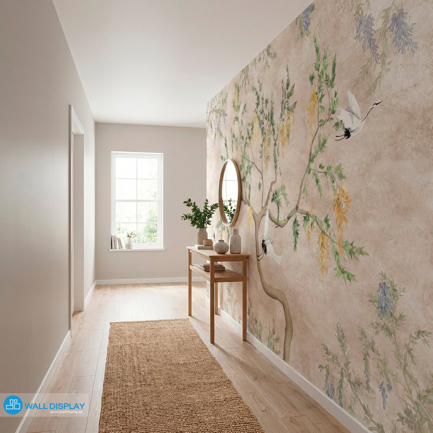 Wisteria Garden Botanical Wall Mural with graceful cranes, cascading blossoms, and soft neutral background