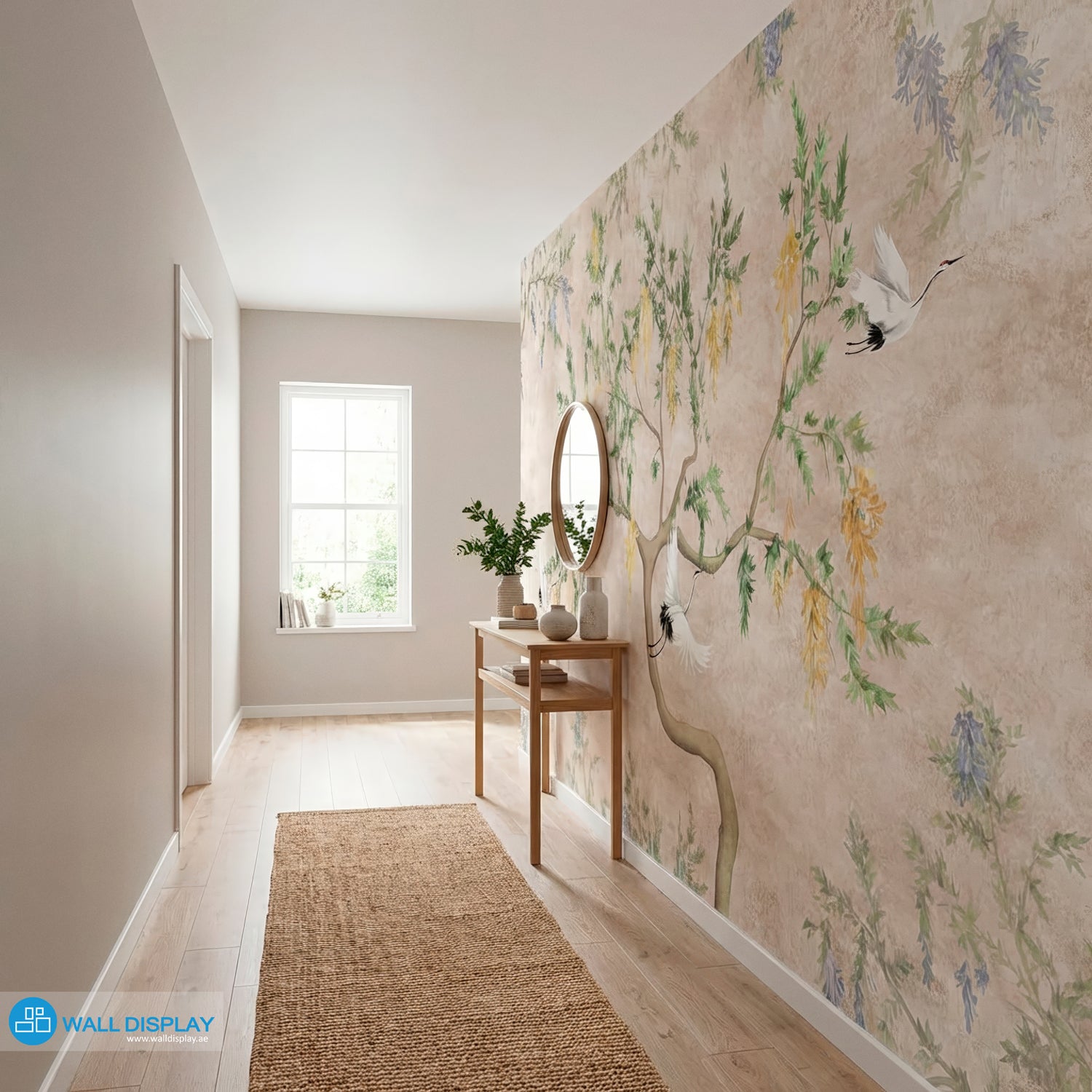 Wisteria Garden Botanical Wall Mural with graceful cranes, cascading blossoms, and soft neutral background