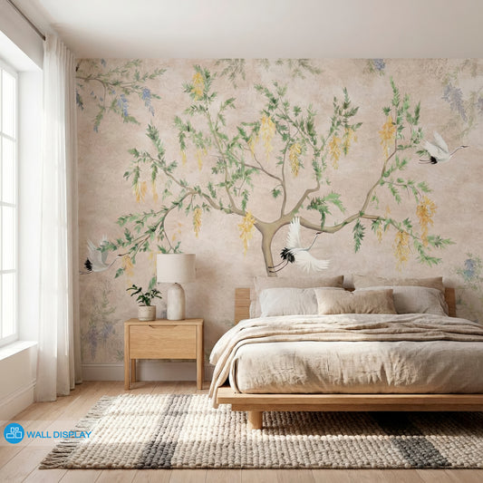 Wisteria Garden Botanical Wall Mural with graceful cranes, cascading blossoms, and soft neutral background