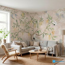 Load image into Gallery viewer, Wisteria Garden Botanical Wall Mural with graceful cranes, cascading blossoms, and soft neutral background
