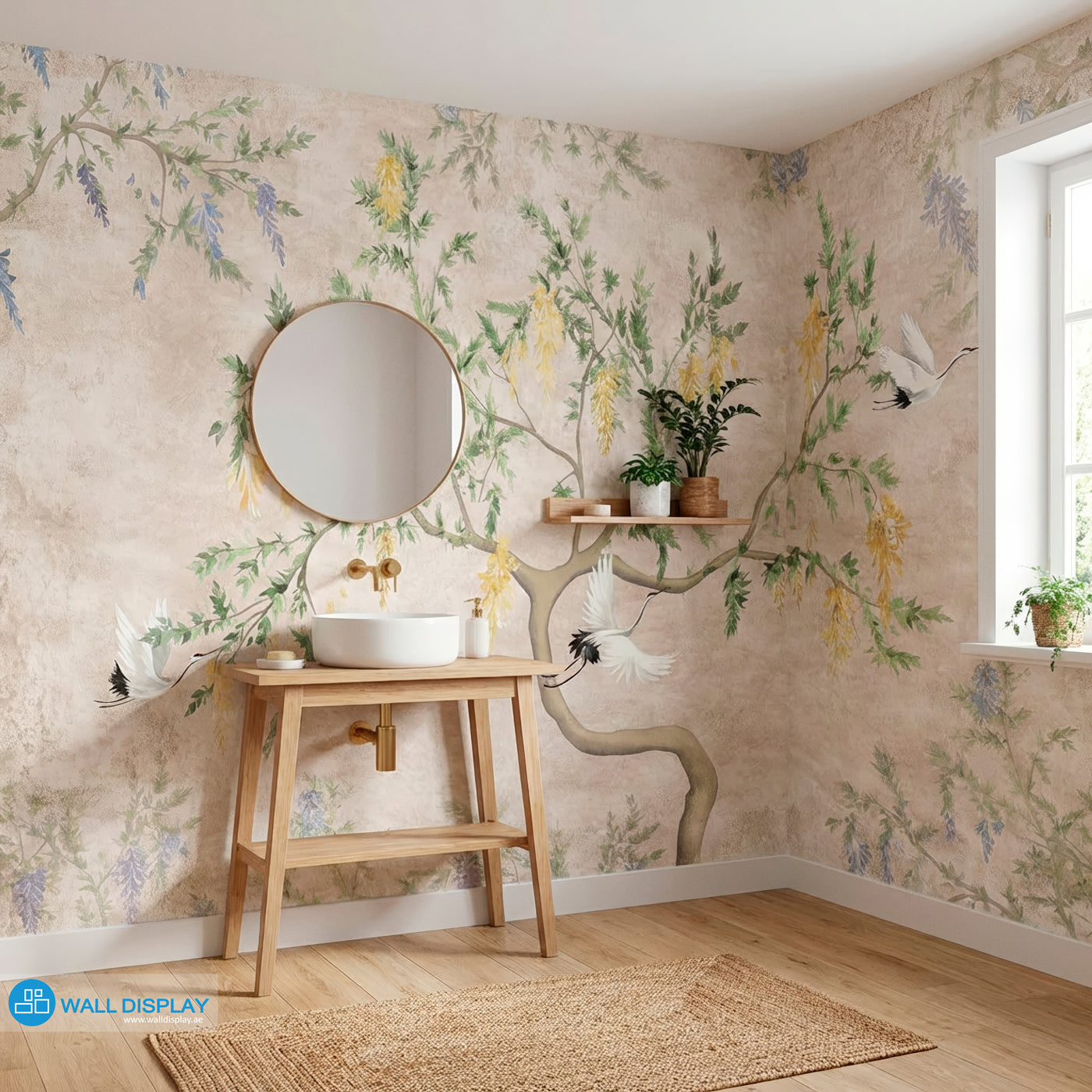 Wisteria Garden Botanical Wall Mural with graceful cranes, cascading blossoms, and soft neutral background