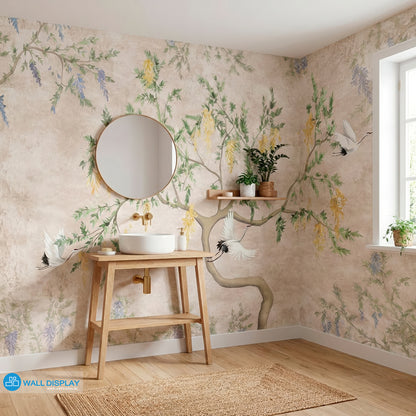 Wisteria Garden Botanical Wall Mural with graceful cranes, cascading blossoms, and soft neutral background