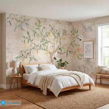 Load image into Gallery viewer, Wisteria Garden Botanical Wall Mural with graceful cranes, cascading blossoms, and soft neutral background
