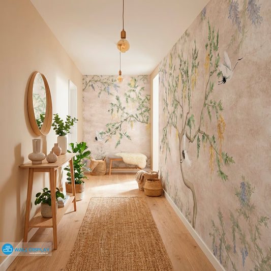 Wisteria Garden Botanical Wall Mural with graceful cranes, cascading blossoms, and soft neutral background