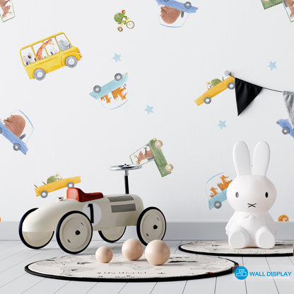 Zoom Zoom Adventure kids wallpaper with watercolor cars, buses, scooters, cute animals, and blue stars on a white background for nursery and playroom walls.