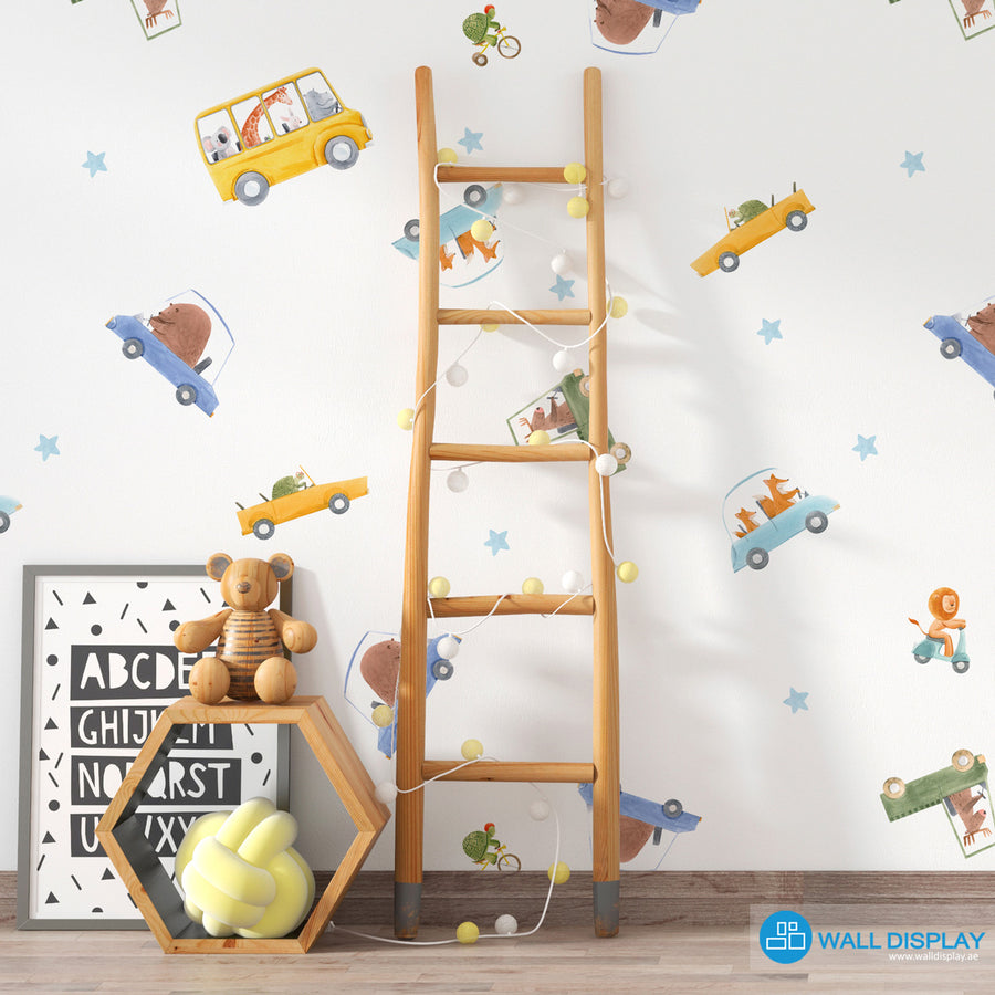 Zoom Zoom Adventure kids wallpaper with watercolor cars, buses, scooters, cute animals, and blue stars on a white background for nursery and playroom walls.