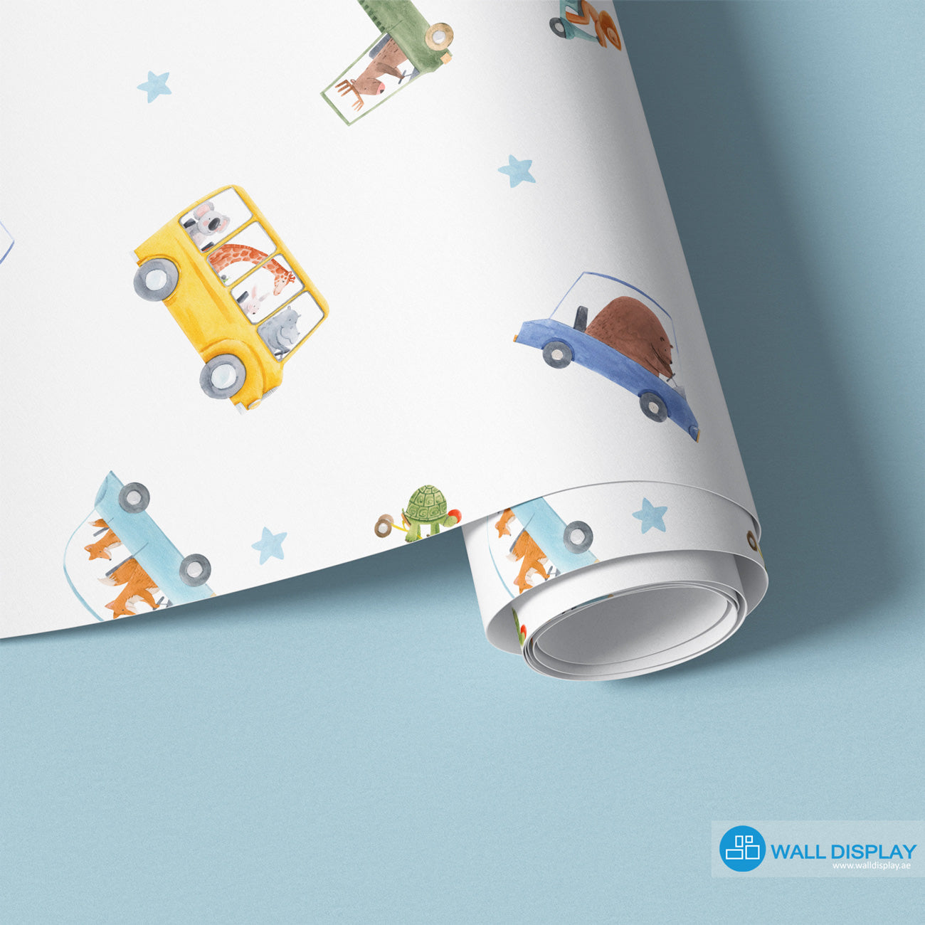 Zoom Zoom Adventure kids wallpaper with watercolor cars, buses, scooters, cute animals, and blue stars on a white background for nursery and playroom walls.
