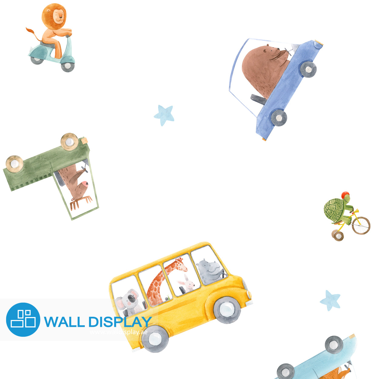 Zoom Zoom Adventure kids wallpaper with watercolor cars, buses, scooters, cute animals, and blue stars on a white background for nursery and playroom walls.