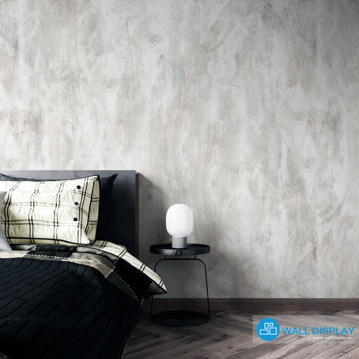 Concrete texture wallpaper with grey cement plaster effect for modern industrial living room, office, studio, and feature wall interiors.