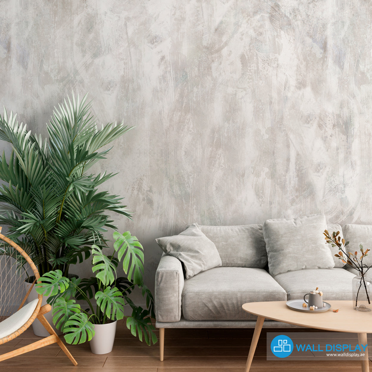 Concrete texture wallpaper with grey cement plaster effect for modern industrial living room, office, studio, and feature wall interiors.