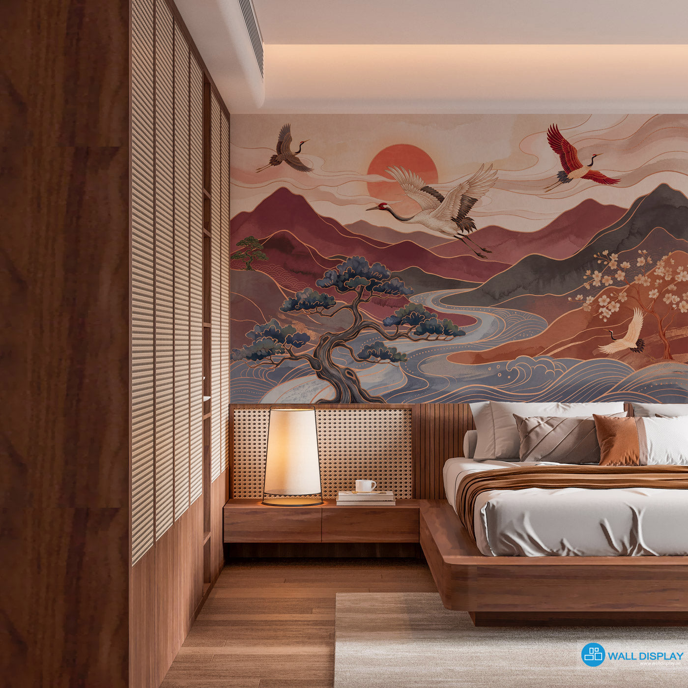 Crimson Crane Valley Wall Mural featuring Japanese cranes, crimson mountains, flowing river, sakura blossoms, and luxury gold details.