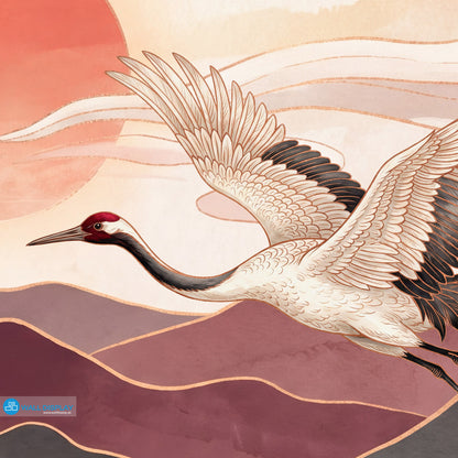 Crimson Crane Valley Wall Mural featuring Japanese cranes, crimson mountains, flowing river, sakura blossoms, and luxury gold details.