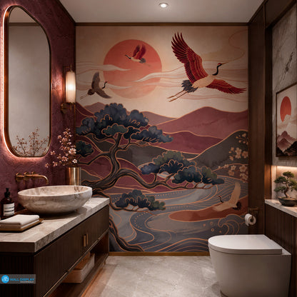 Crimson Crane Valley Wall Mural featuring Japanese cranes, crimson mountains, flowing river, sakura blossoms, and luxury gold details.