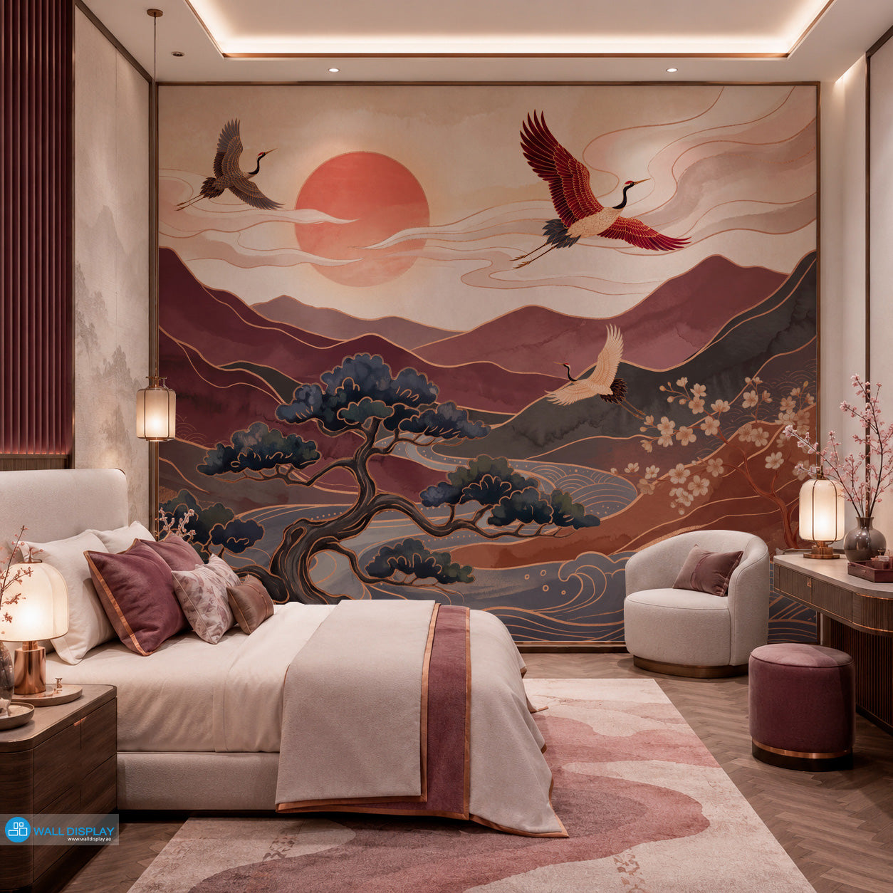 Crimson Crane Valley Wall Mural featuring Japanese cranes, crimson mountains, flowing river, sakura blossoms, and luxury gold details.
