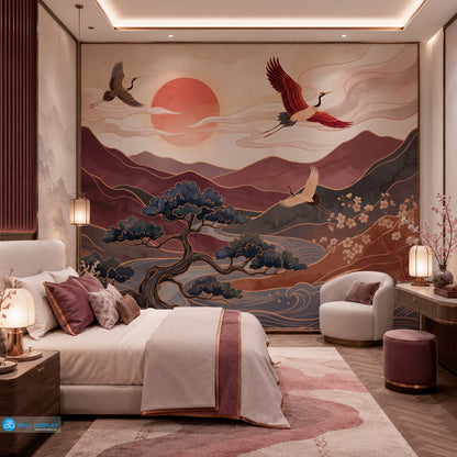 Crimson Crane Valley Wall Mural featuring Japanese cranes, crimson mountains, flowing river, sakura blossoms, and luxury gold details.