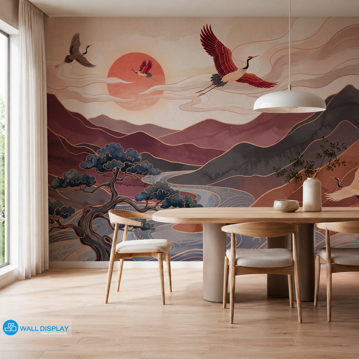 Crimson Crane Valley Wall Mural featuring Japanese cranes, crimson mountains, flowing river, sakura blossoms, and luxury gold details.