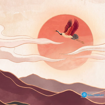 Crimson Crane Valley Wall Mural featuring Japanese cranes, crimson mountains, flowing river, sakura blossoms, and luxury gold details.
