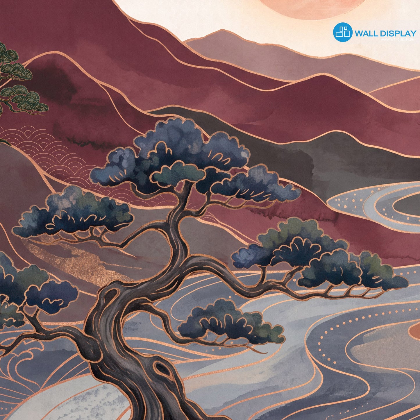 Crimson Crane Valley Wall Mural featuring Japanese cranes, crimson mountains, flowing river, sakura blossoms, and luxury gold details.