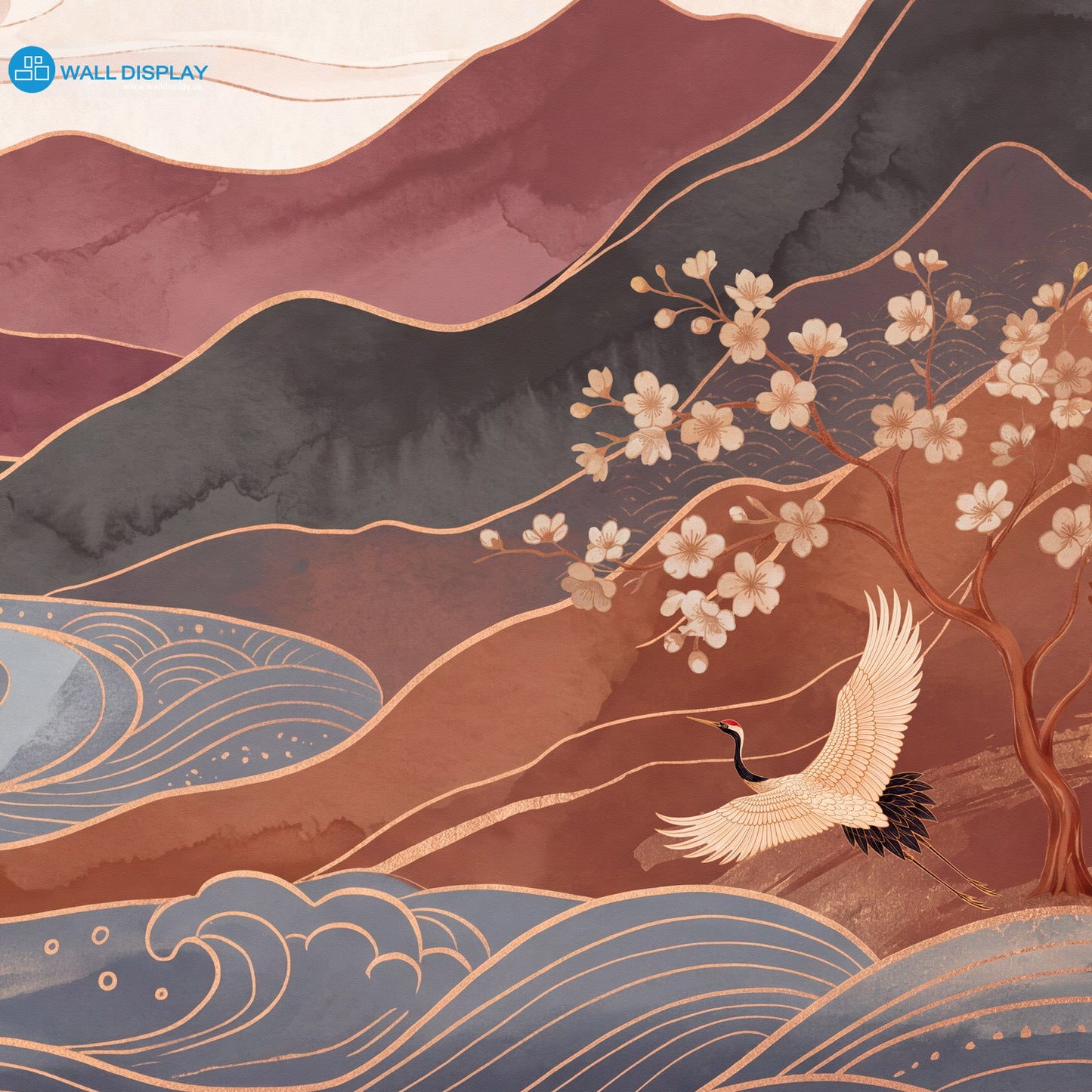 Crimson Crane Valley Wall Mural featuring Japanese cranes, crimson mountains, flowing river, sakura blossoms, and luxury gold details.