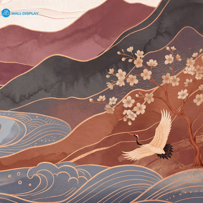 Crimson Crane Valley Wall Mural featuring Japanese cranes, crimson mountains, flowing river, sakura blossoms, and luxury gold details.