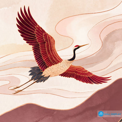 Crimson Crane Valley Wall Mural featuring Japanese cranes, crimson mountains, flowing river, sakura blossoms, and luxury gold details.