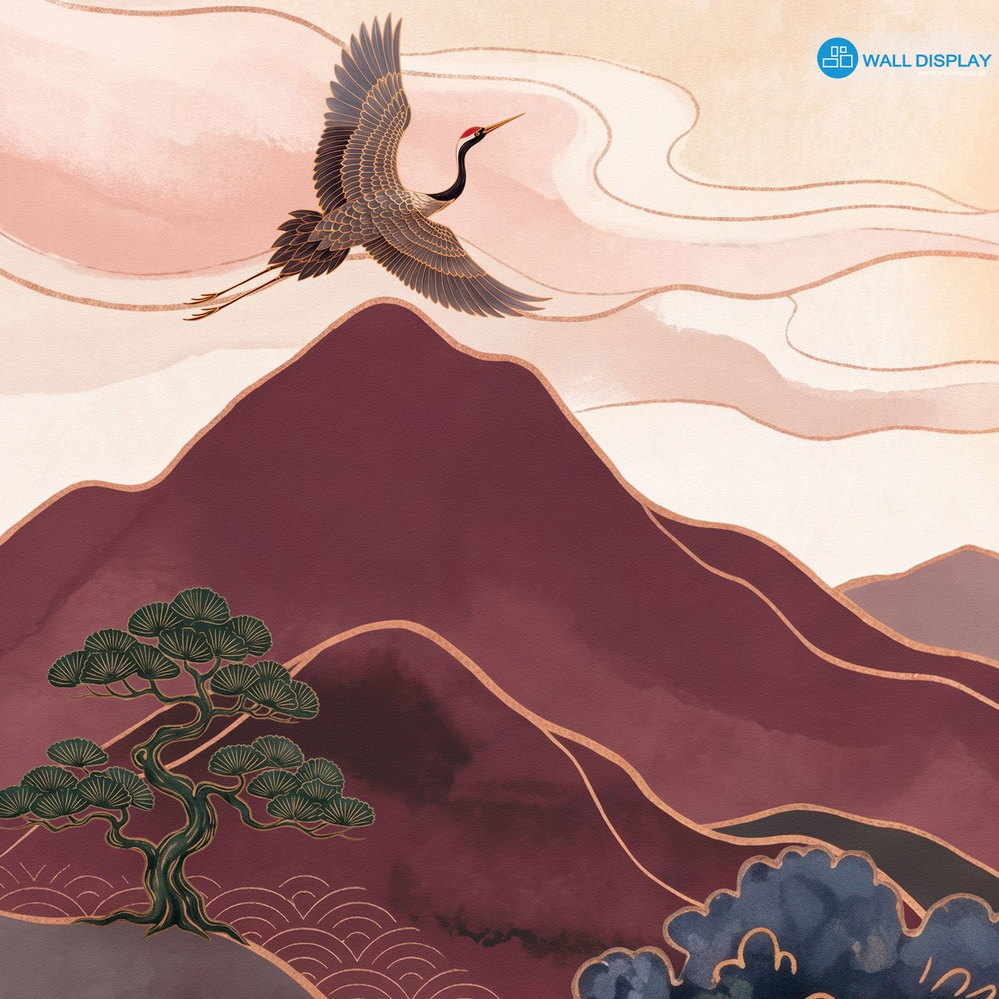 Crimson Crane Valley Wall Mural featuring Japanese cranes, crimson mountains, flowing river, sakura blossoms, and luxury gold details.