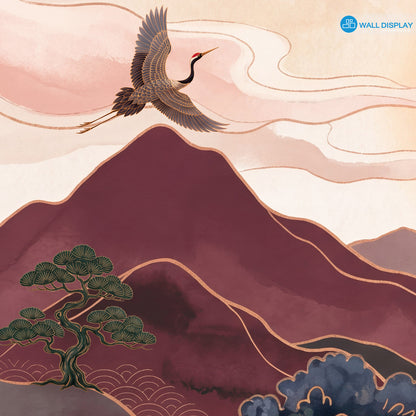 Crimson Crane Valley Wall Mural featuring Japanese cranes, crimson mountains, flowing river, sakura blossoms, and luxury gold details.