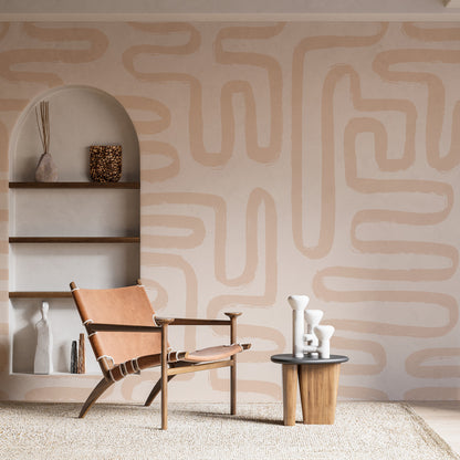 Curvatures abstract pattern wallpaper with hand-painted curved brushstroke lines on a light background for modern living rooms, offices, and feature walls.