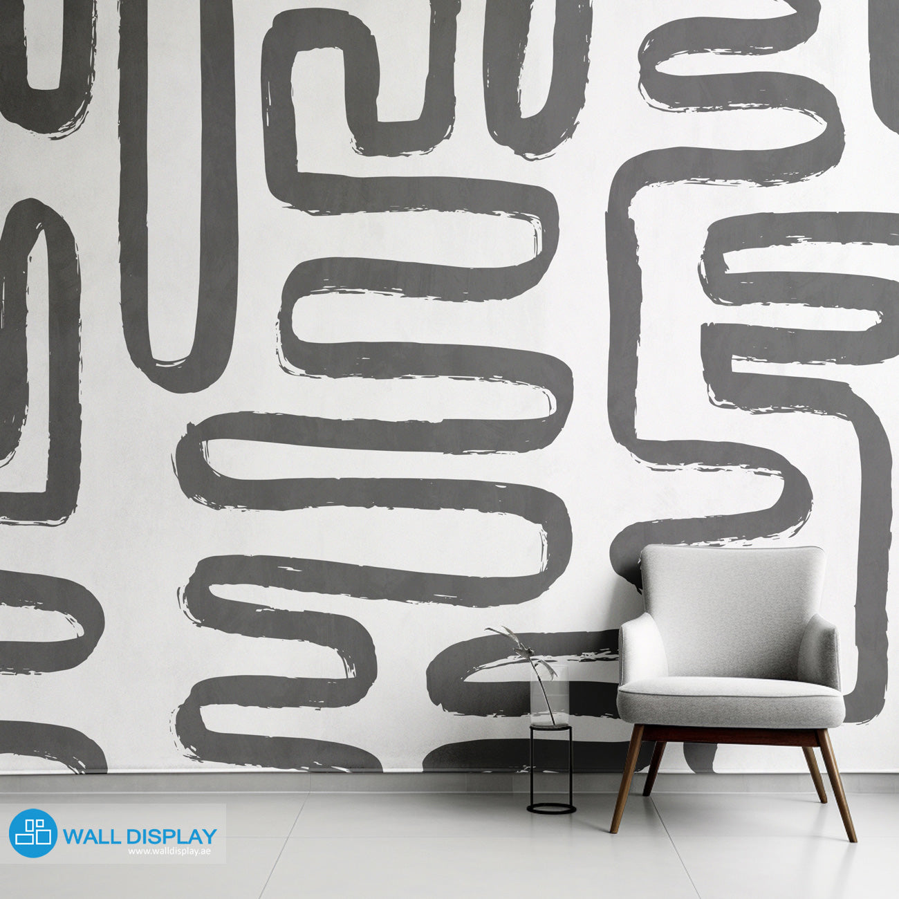 Curvatures abstract pattern wallpaper with hand-painted curved brushstroke lines on a light background for modern living rooms, offices, and feature walls.