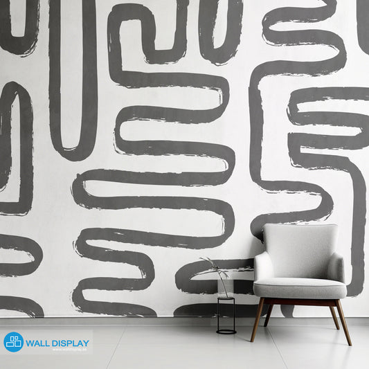 Curvatures abstract pattern wallpaper with hand-painted curved brushstroke lines on a light background for modern living rooms, offices, and feature walls.