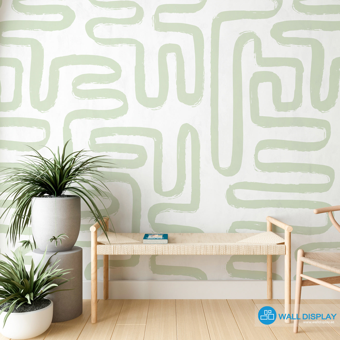 Curvatures abstract pattern wallpaper with hand-painted curved brushstroke lines on a light background for modern living rooms, offices, and feature walls.