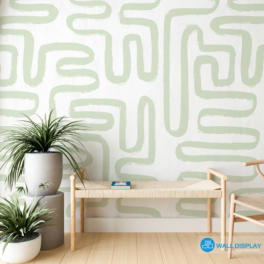 Curvatures abstract pattern wallpaper with hand-painted curved brushstroke lines on a light background for modern living rooms, offices, and feature walls.
