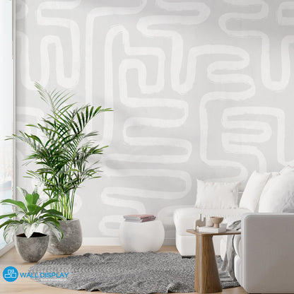 Curvatures abstract pattern wallpaper with hand-painted curved brushstroke lines on a light background for modern living rooms, offices, and feature walls.