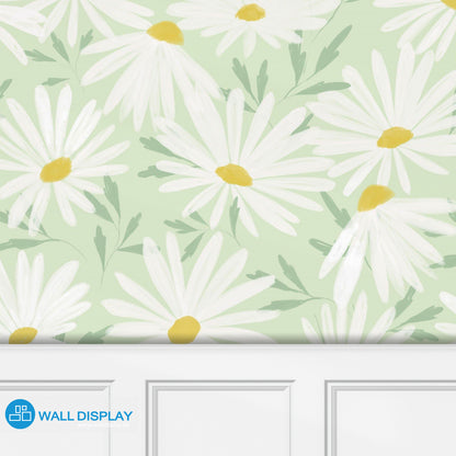 Daisy floral wallpaper with large white flowers, yellow centers, and pastel green background for bedrooms, nurseries, girls’ rooms, and modern feature walls.