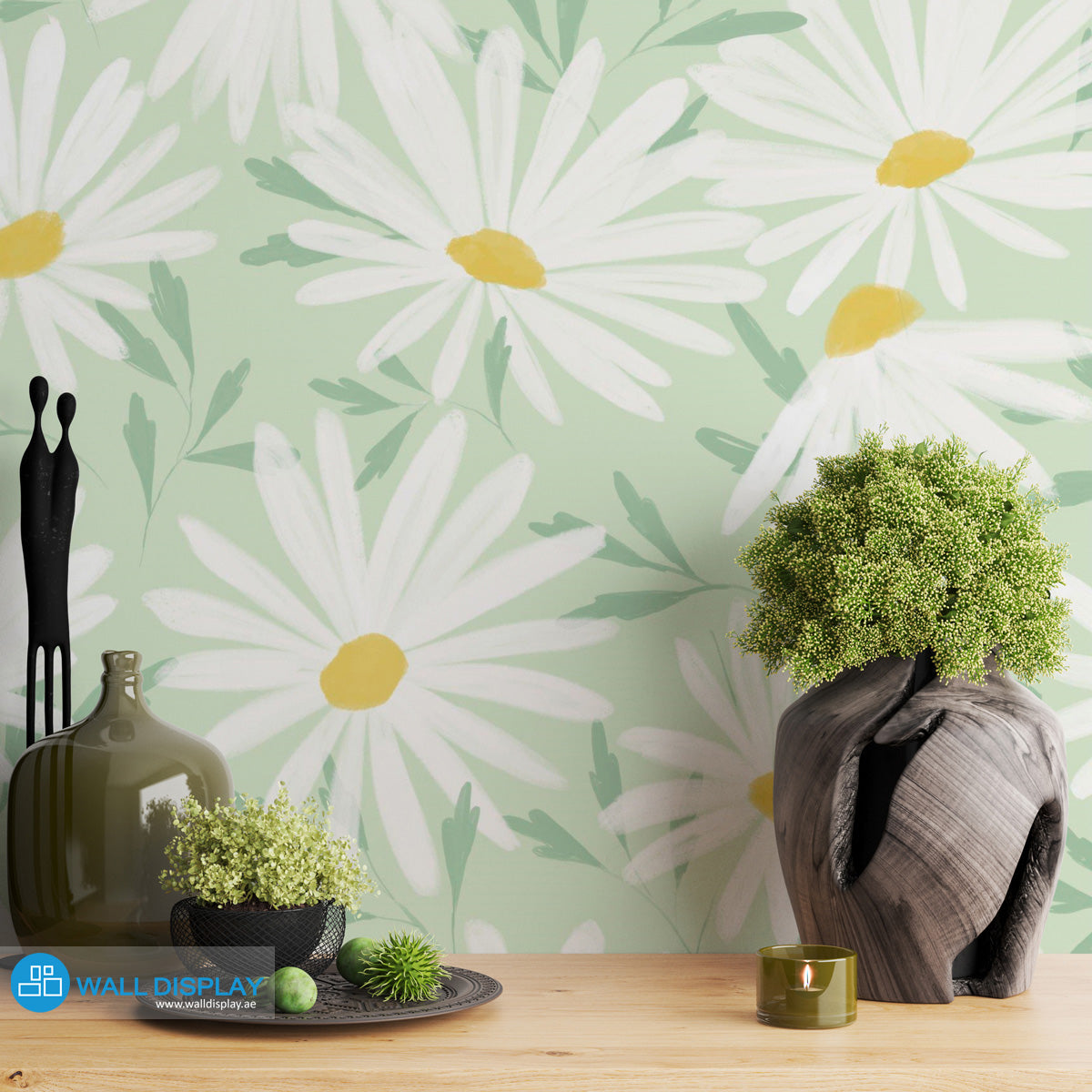 Daisy floral wallpaper with large white flowers, yellow centers, and pastel green background for bedrooms, nurseries, girls’ rooms, and modern feature walls.