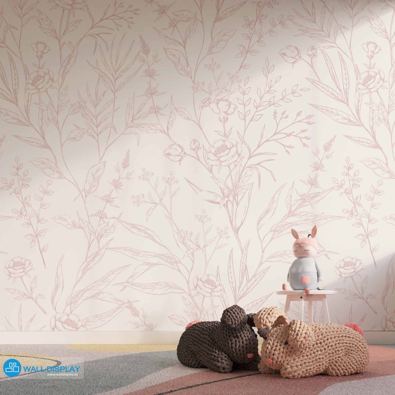 English Rose floral wallpaper with delicate hand-drawn roses, leaves, and botanical line art on a light background for elegant bedroom and nursery walls.