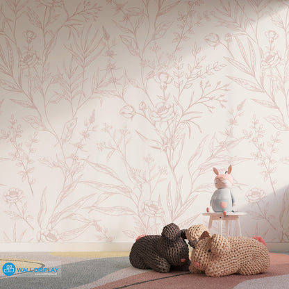 English Rose floral wallpaper with delicate hand-drawn roses, leaves, and botanical line art on a light background for elegant bedroom and nursery walls.