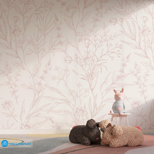 English Rose floral wallpaper with delicate hand-drawn roses, leaves, and botanical line art on a light background for elegant bedroom and nursery walls.