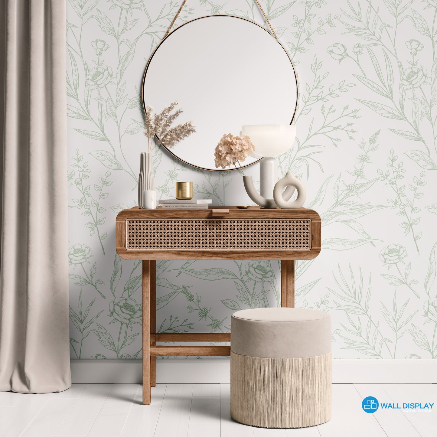 English Rose floral wallpaper with delicate hand-drawn roses, leaves, and botanical line art on a light background for elegant bedroom and nursery walls.