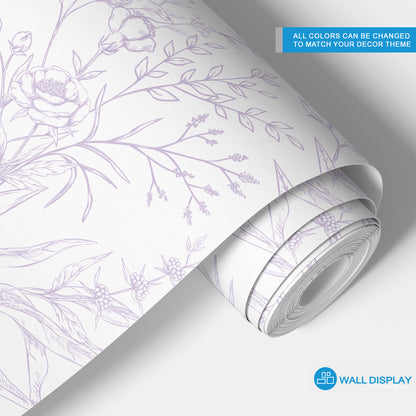 English Rose floral wallpaper with delicate hand-drawn roses, leaves, and botanical line art on a light background for elegant bedroom and nursery walls.